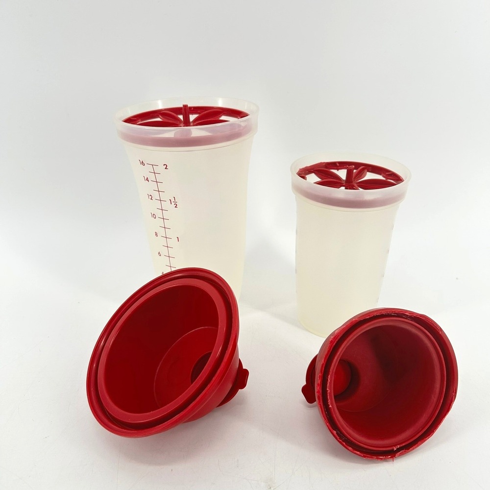 Tupperware Quick Shake Gravy Maker Shaker Bottle Set of 2 Red 16oz 10oz Vintage - Picture 2 of 5